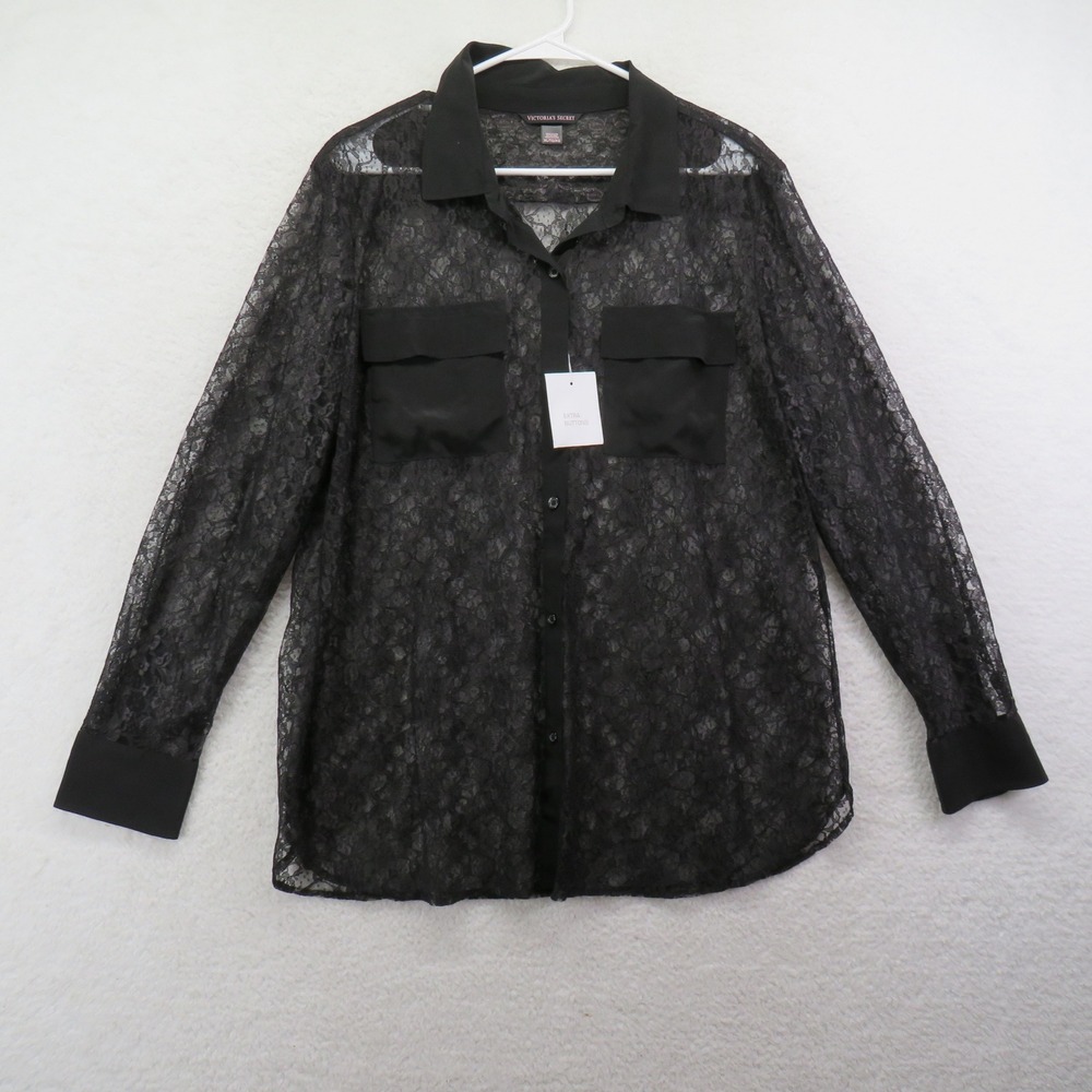 Victoria's Secret Black Floral Lace Sheer‎ Button Down Shirt Top Womens XL New